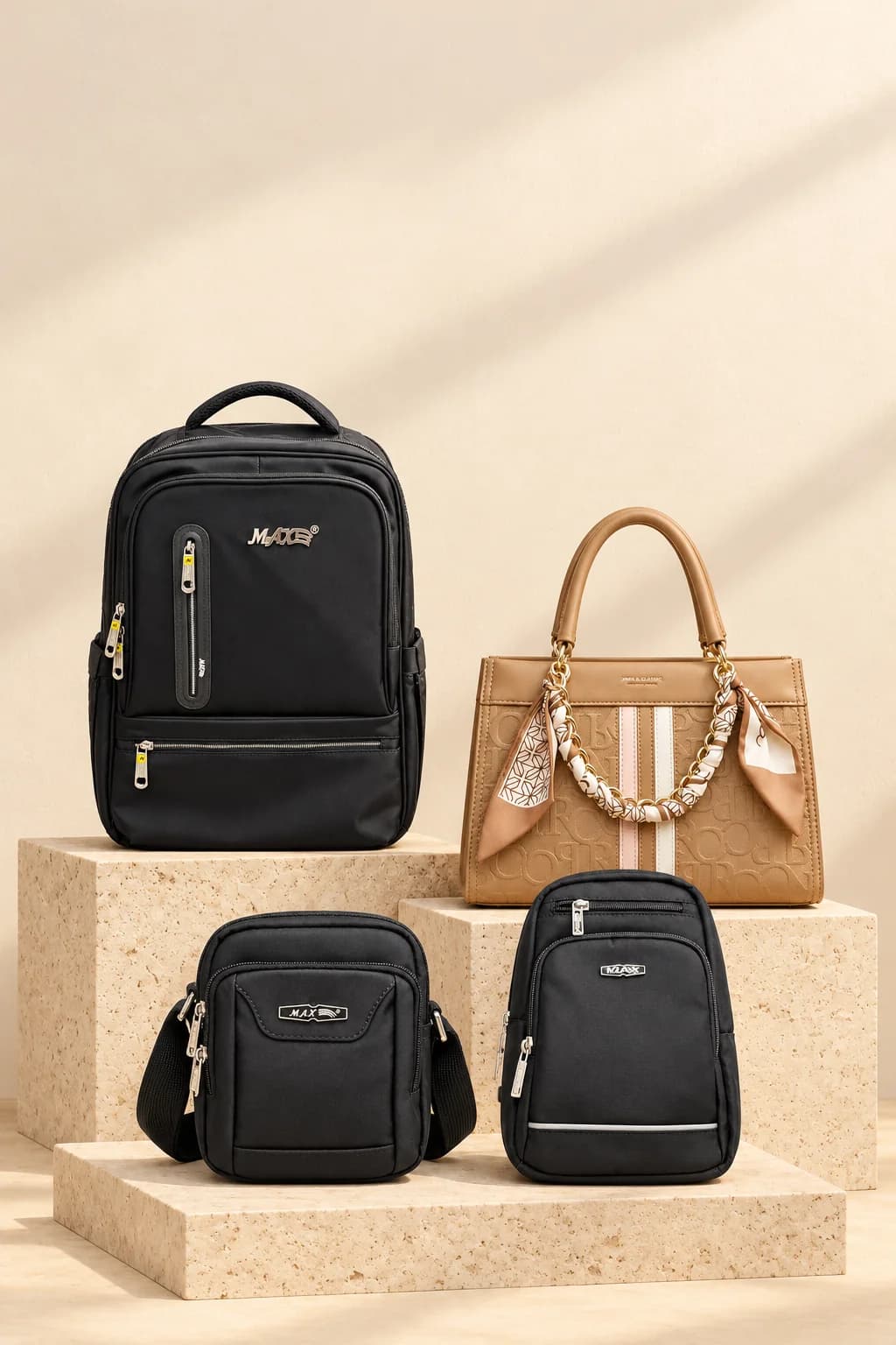 Four Kenabee bags — a black backpack, a tan handbag, a crossbody and a sling — on travertine blocks in warm light